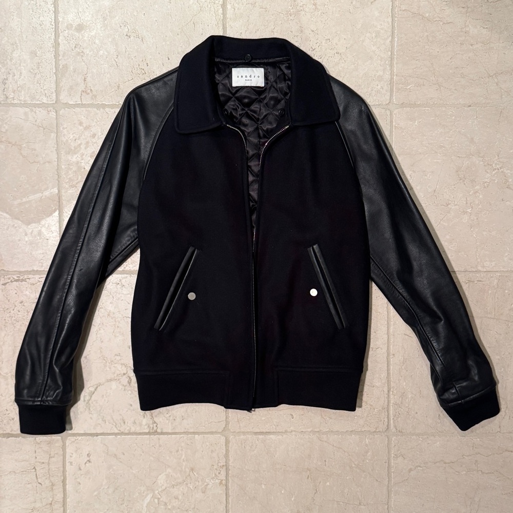 Sandro Black Leather Sleeve Jacket
